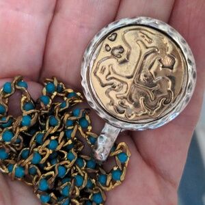 New Turquoise Pendant Necklace. Cross In Gold, Silver Bezel. Beaded, 22"+2".